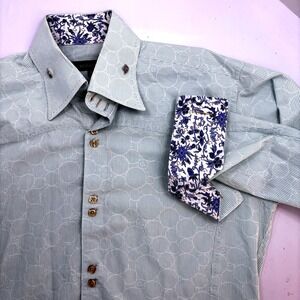 Bogosse Mens Striped Button Down Shirt Green White Floral Trim Size 4 Large